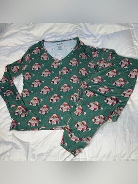 Women’s Velveteen Christmas Vintage Santa Claus Henley 2PC Pajama Bamboo Set L